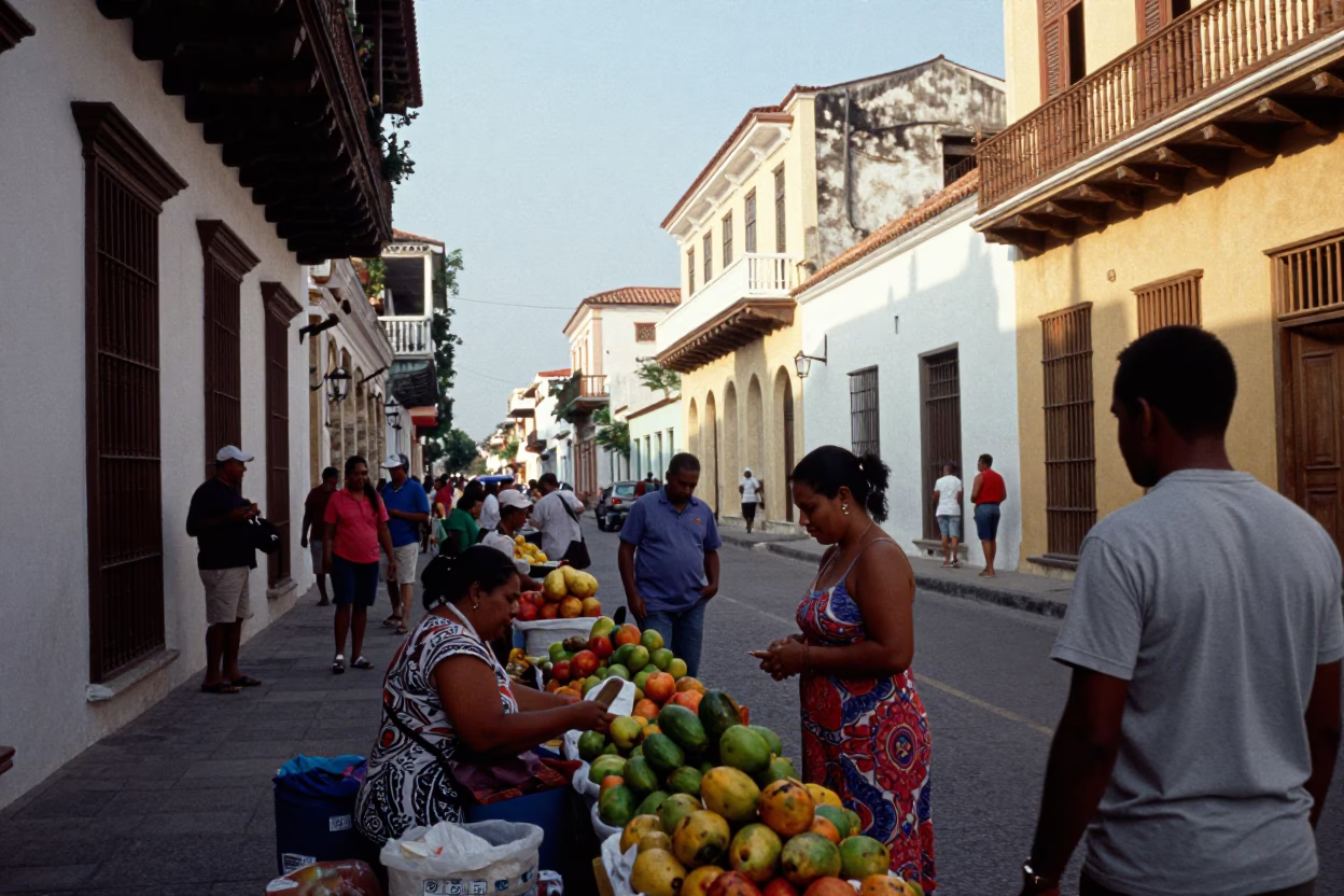 Busy Cartagena Colombia Street Scene Late Afternoon Light with Local Market Activity in in Cartagena, Colombia