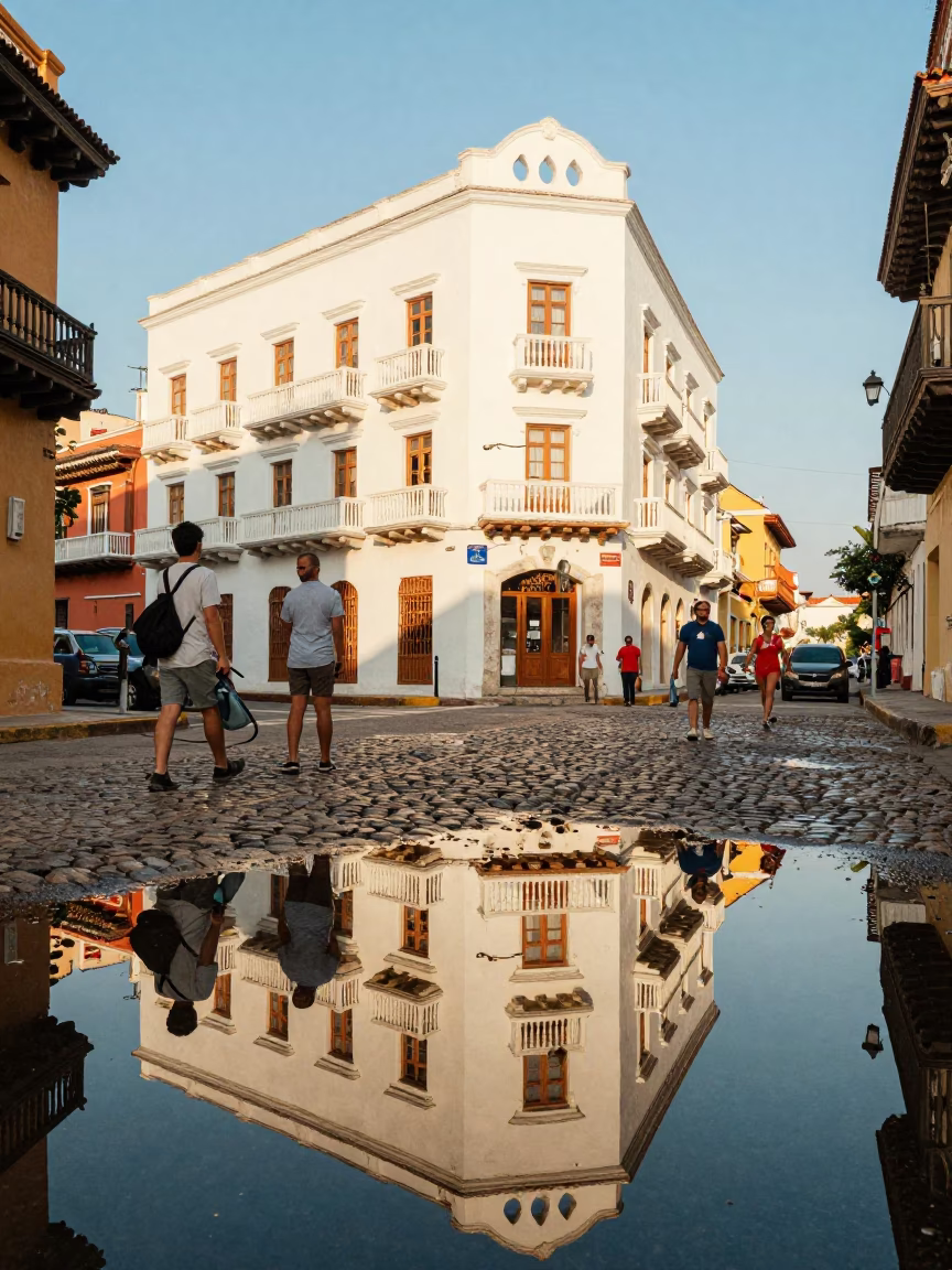 Busy Cartagena Colombia Street Scene Late Afternoon Puddle Reflection Hotel Windows Tail Lights in in Cartagena, Colombia