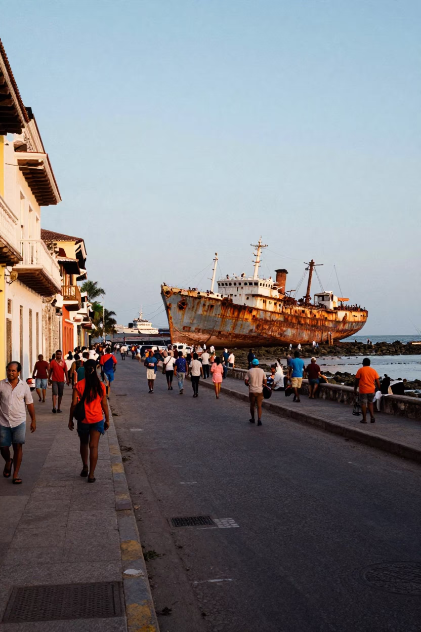 Busy Cartagena Colombia Street Scene Late Afternoon with Rusting Ship and Local Life in in Cartagena, Colombia