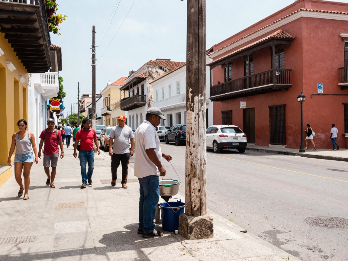 Busy Cartagena Colombia Street Scene Under Flat Noon Glare with Wooden Spoon and Saucepan in in Cartagena, Colombia