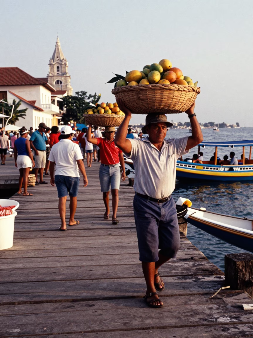 Busy Cartagena Colombia Street Scene with Mangoes and Water Taxi Dock in in Cartagena, Colombia