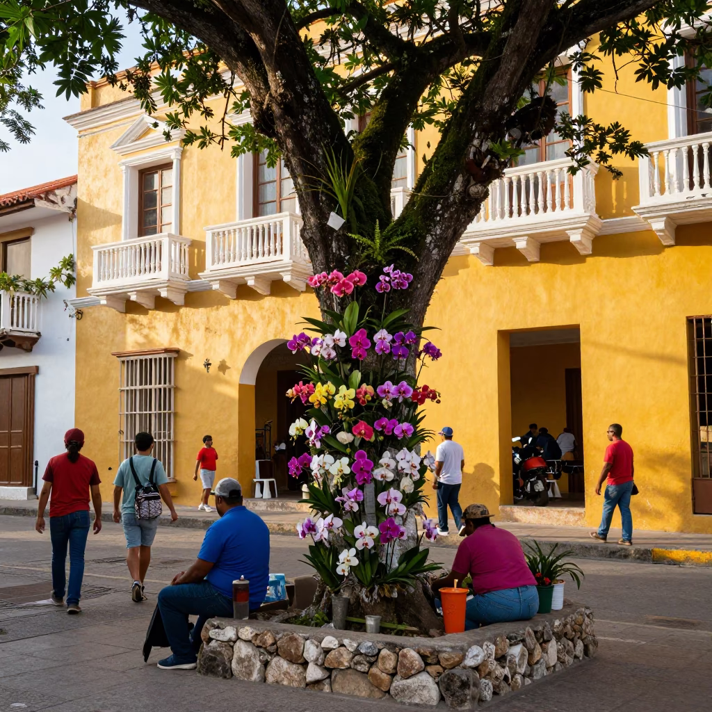 Busy Cartagena Colombia Street Scene with Tropical Orchids and Local Dining in in Cartagena, Colombia
