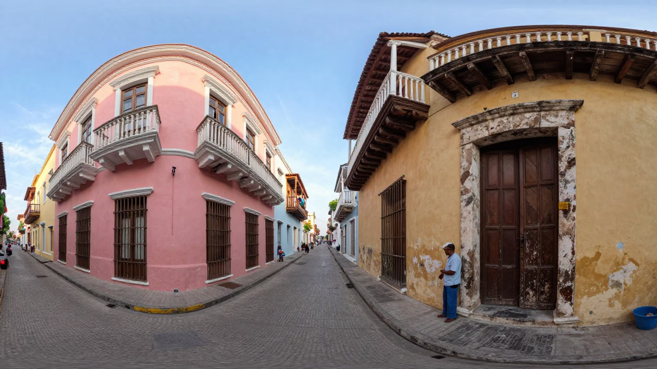 Busy Cartagena Colombia Street Scene with Vintage 1980s Architecture and Local Commerce in in Cartagena, Colombia