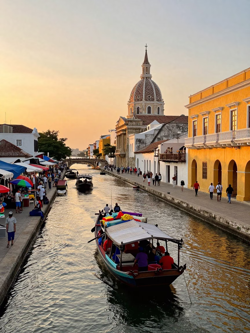 Busy Cartagena Colombia Sunset Street Scene with Canal Barge and Historic Architecture in in Cartagena, Colombia