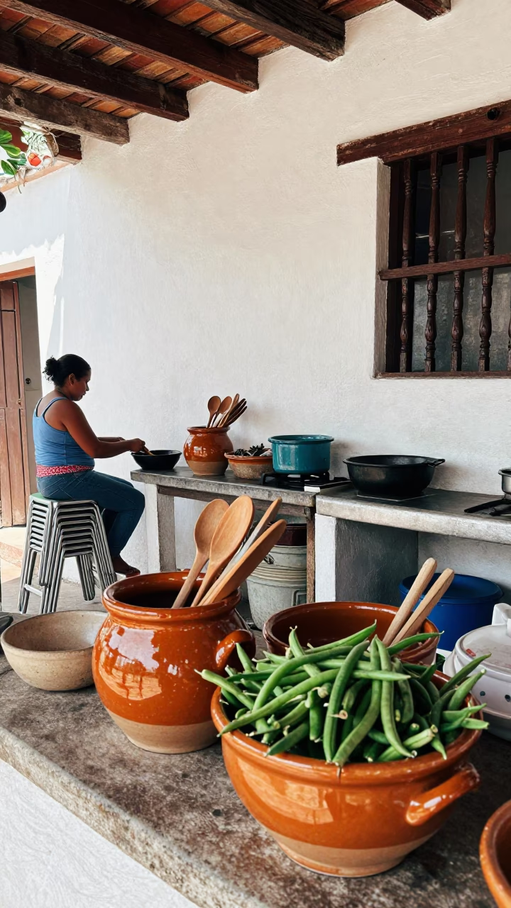 Busy Cartagena Kitchen with Glazed Ceramic and String Beans at Noon in in Cartagena, Colombia