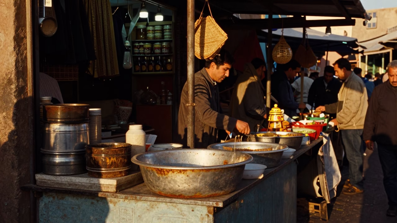 Busy Casablanca Market Stall in Honeyed Evening Light with Rusty Basin and Floral Cotton in in Casablanca, Morocco