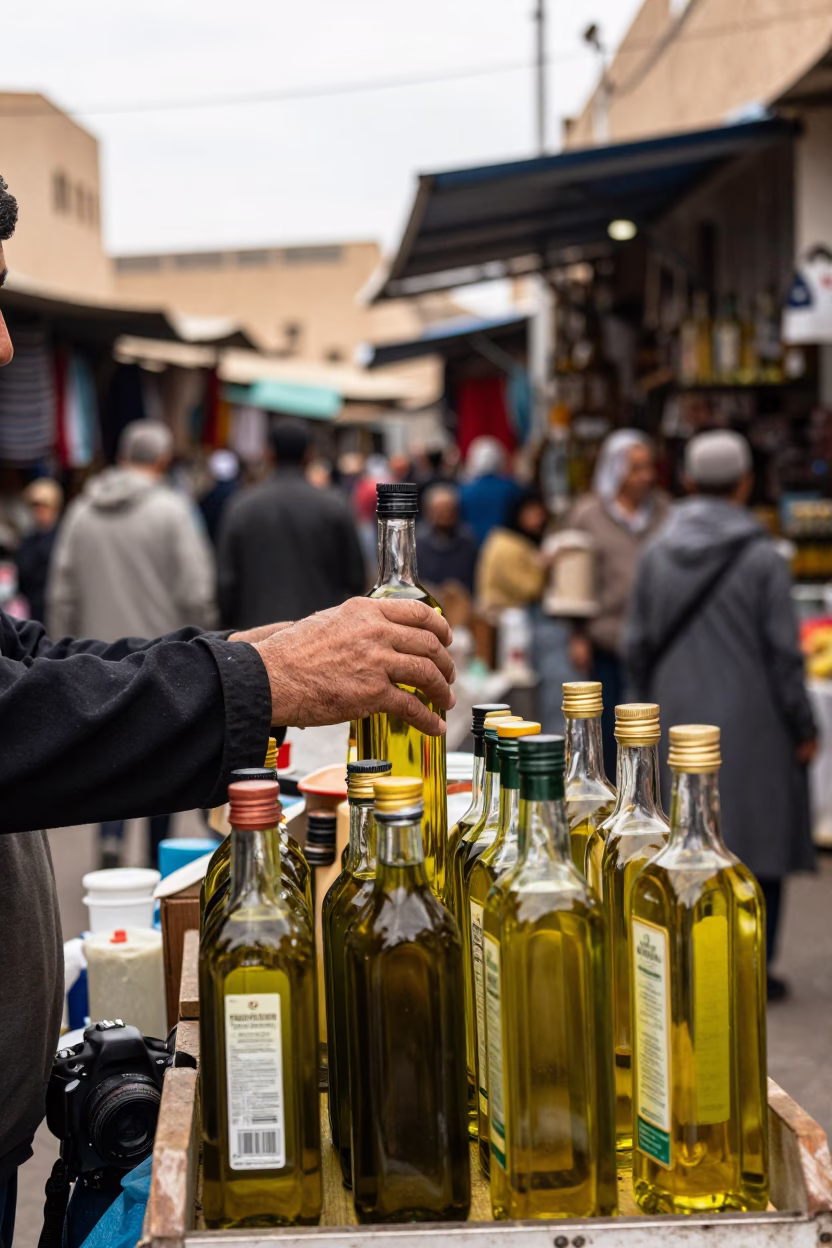 Busy Casablanca Market Stall with Glass Bottles and Hands in in Casablanca, Morocco