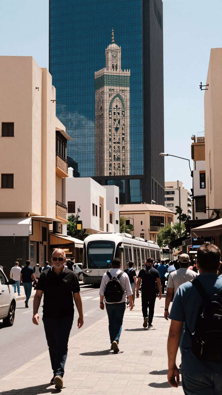 Busy Casablanca Midday Street Scene with Monorail Reflection in Glass Skyscraper in in Casablanca, Morocco