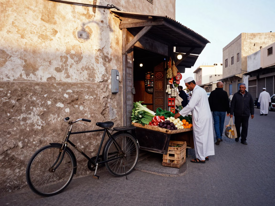 Busy Casablanca Morning Street Scene with Vintage Bicycle and Local Commerce in in Casablanca, Morocco