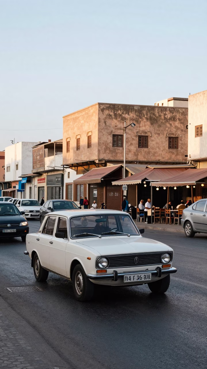 Busy Casablanca Morning Street Scene with Vintage Car and Local Commerce in in Casablanca, Morocco