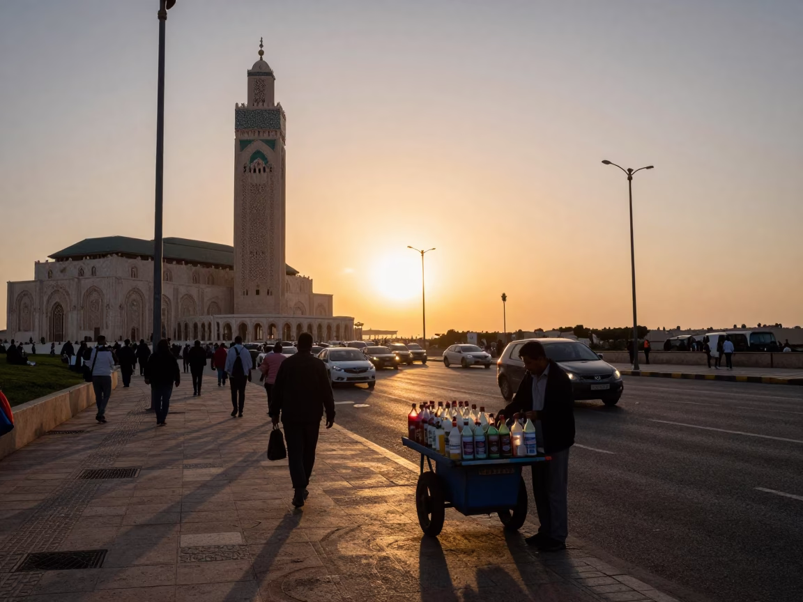 Busy Casablanca Morocco Street Scene at Sunset with Soap Bottle and Comb in in Casablanca, Morocco