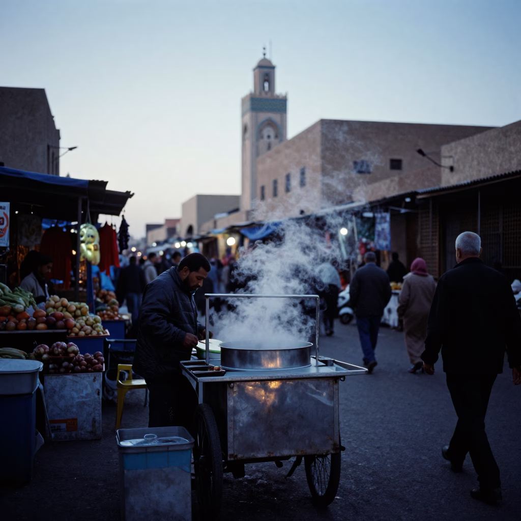 Busy Casablanca Morocco Street Scene Before Sunrise with Local Market Activity in in Casablanca, Morocco