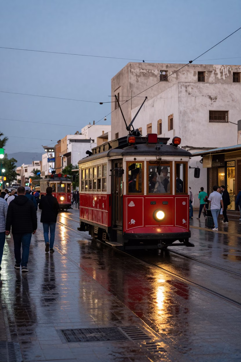 Busy Casablanca Morocco street scene early evening with heritage tram on coastal promenade in in Casablanca, Morocco