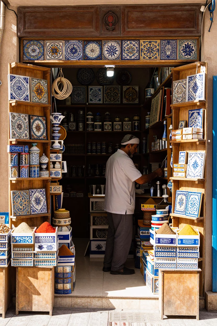 Busy Casablanca shopkeeper arranging goods under flat noon light in in Casablanca, Morocco