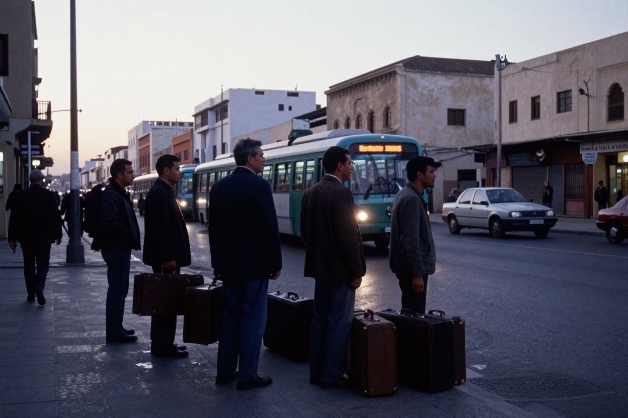 Busy Casablanca Street Before Dawn with Suitcases and Metro Train in in Casablanca, Morocco