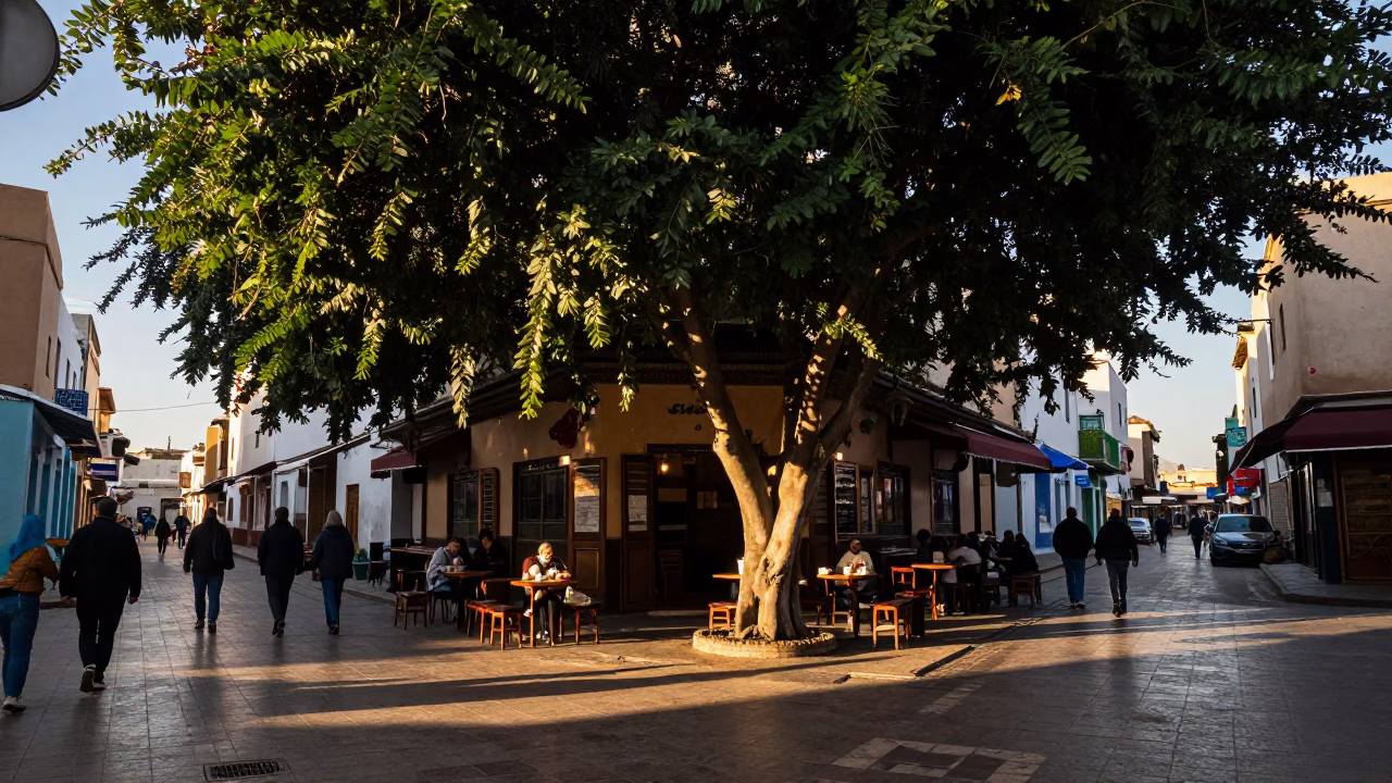 Busy Casablanca Street Corner at Nautical Dawn with Leaf Shadows on Tiled Floor in in Casablanca, Morocco