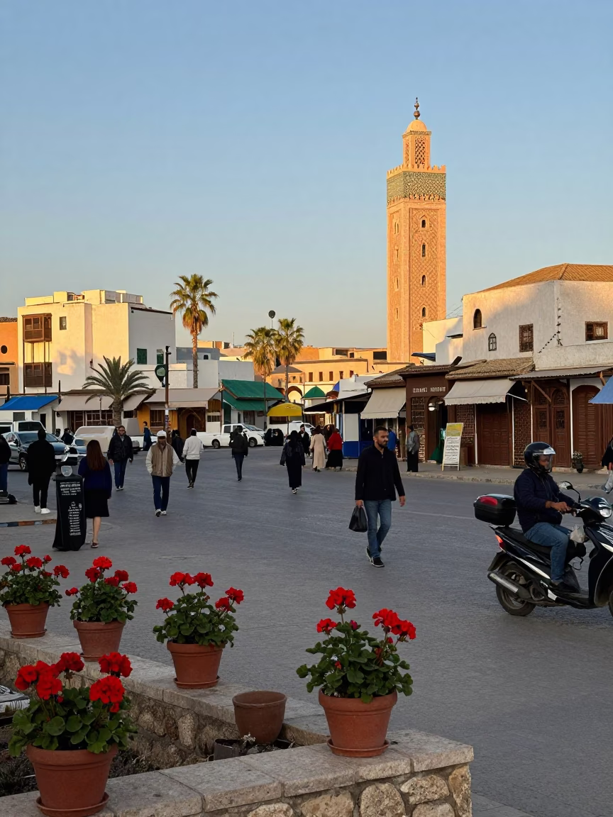 Busy Casablanca Street Corner in Late Afternoon Light with Potted Geraniums and Steel Details in in Casablanca, Morocco