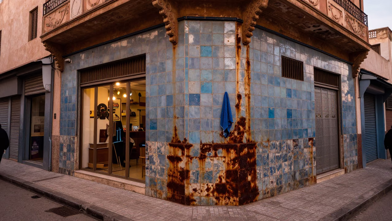 Busy Casablanca Street Corner with Rusty Tile and Towel Hook Before Dusk in in Casablanca, Morocco