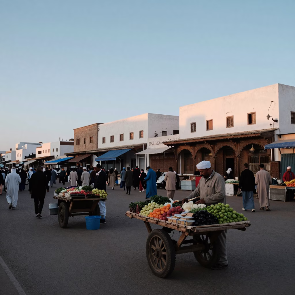 Busy Casablanca Street Market at Dawn with Local Vendors and Daily Life in Morocco in in Casablanca, Morocco