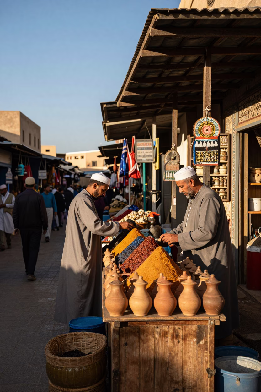 Busy Casablanca Street Market Late Afternoon with Spice Jars and Potted Herbs in in Casablanca, Morocco