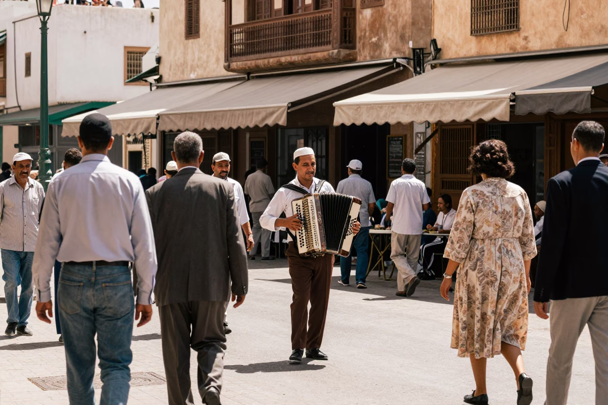 Busy Casablanca Street Scene 1960s Midmorning Light with Accordion Player and Tramcar in in Casablanca, Morocco