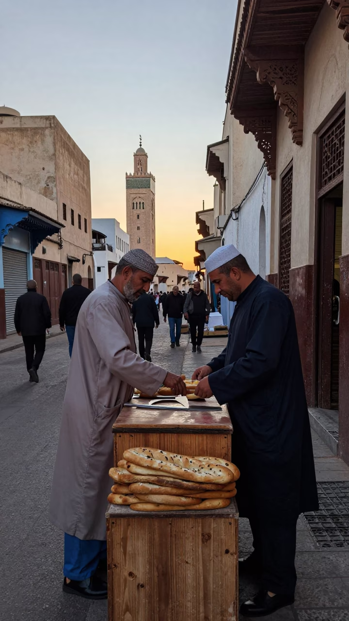 Busy Casablanca Street Scene at Dawn with Traditional Bread Knife and Urban Architecture in in Casablanca, Morocco