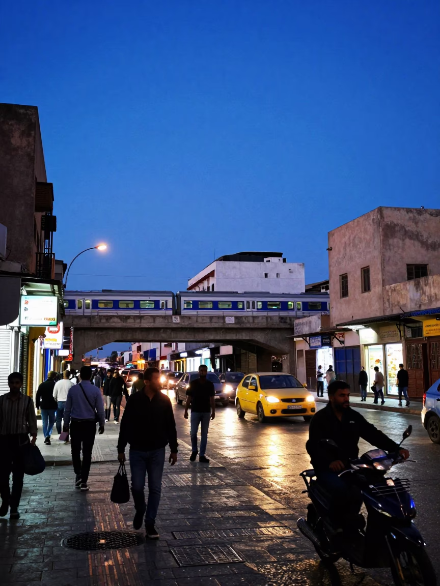Busy Casablanca Street Scene at Indigo Twilight with Commuter Train and Frayed Rope in in Casablanca, Morocco