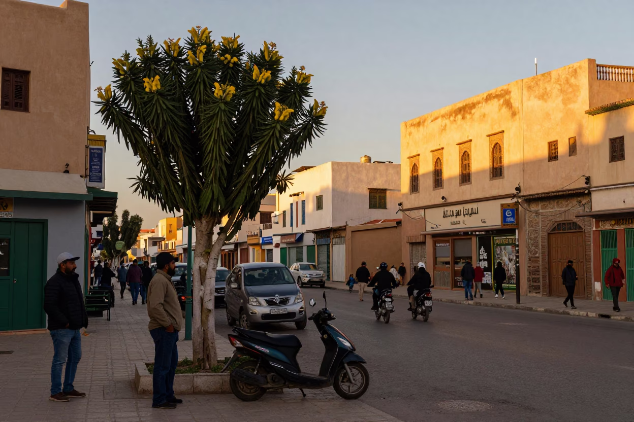 Busy Casablanca Street Scene at Sunset with Euphorbia Candelabra and Local Commerce in in Casablanca, Morocco