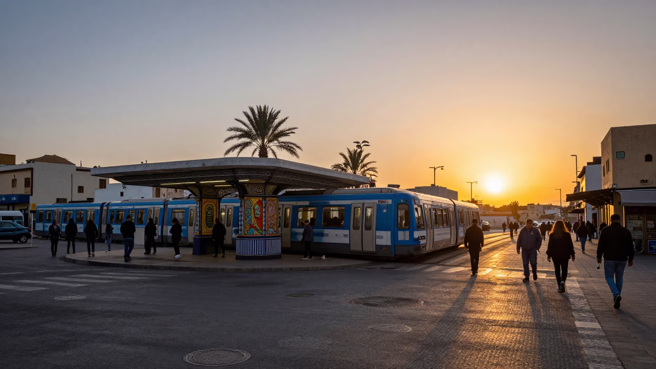Busy Casablanca Street Scene at Sunset with Metro Train and Art in in Casablanca, Morocco
