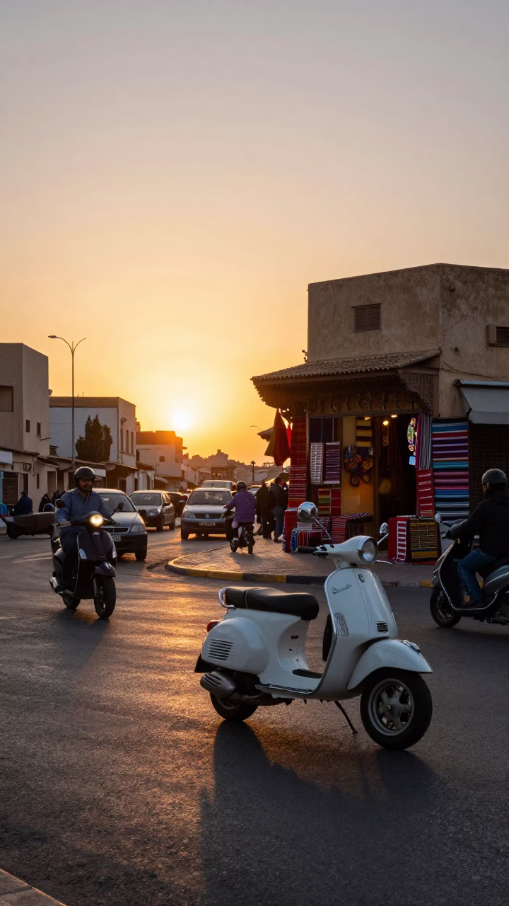 Busy Casablanca Street Scene at Sunset with Vintage Vespa and Local Market Activity in in Casablanca, Morocco
