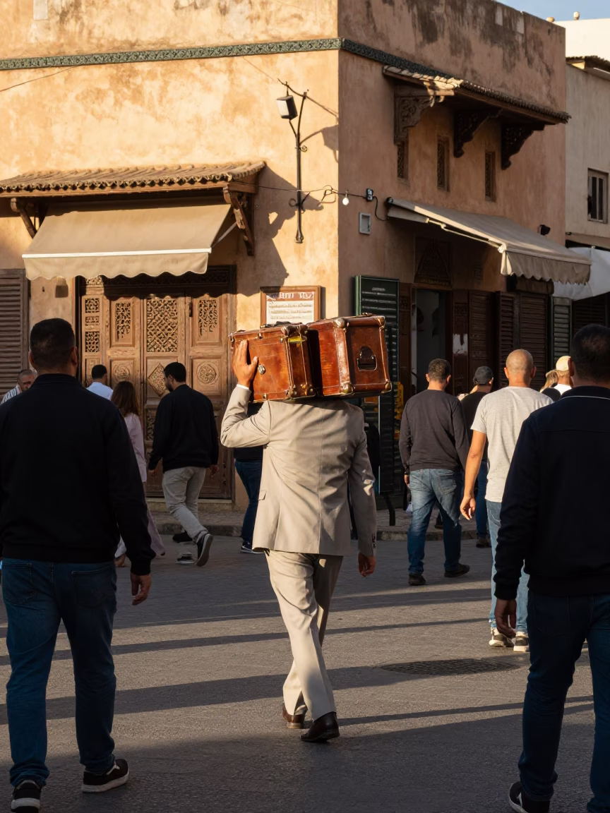 Busy Casablanca Street Scene Early Afternoon with Vintage Hatbox and Local Commerce in in Casablanca, Morocco