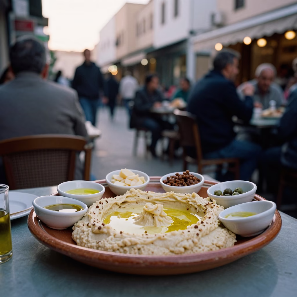 Busy Casablanca Street Scene Early Evening with Mezze Platter and Tea Stains in in Casablanca, Morocco