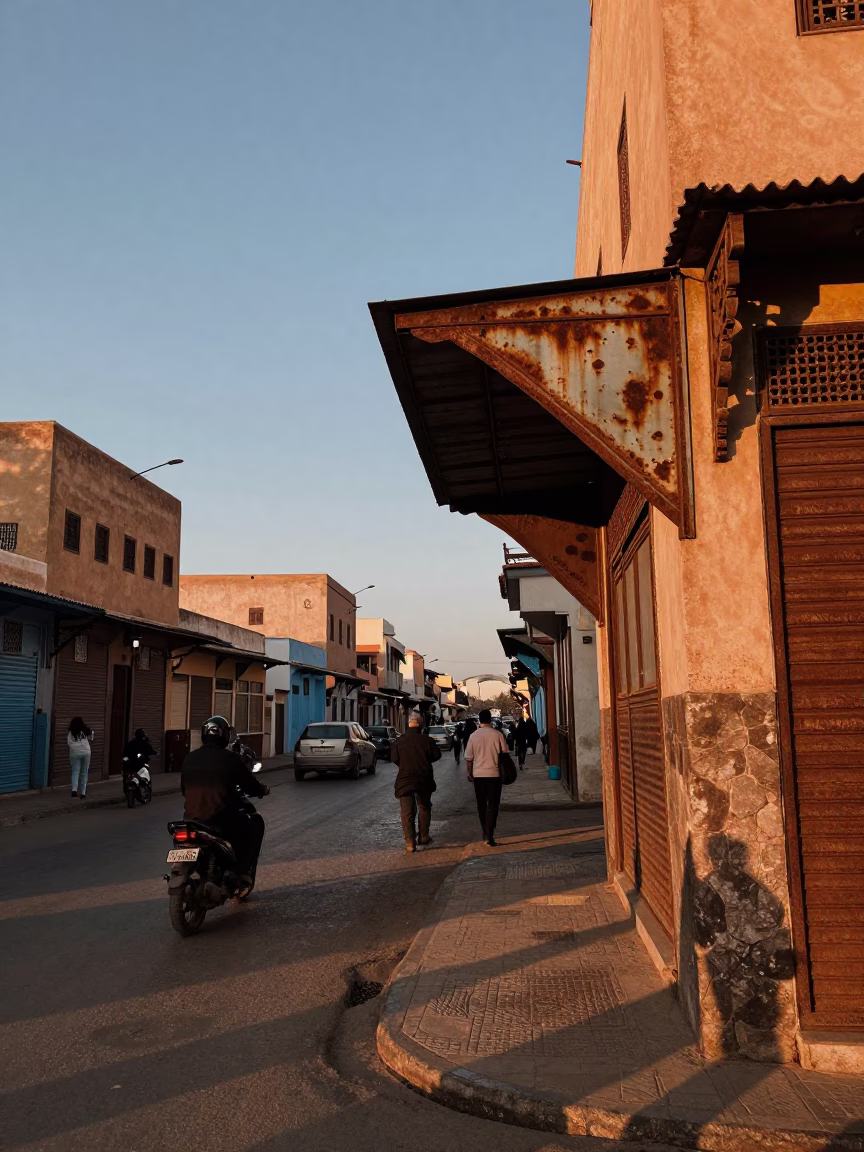 Busy Casablanca Street Scene Early Evening with Rusty Metal and Vintage Ambiance in in Casablanca, Morocco