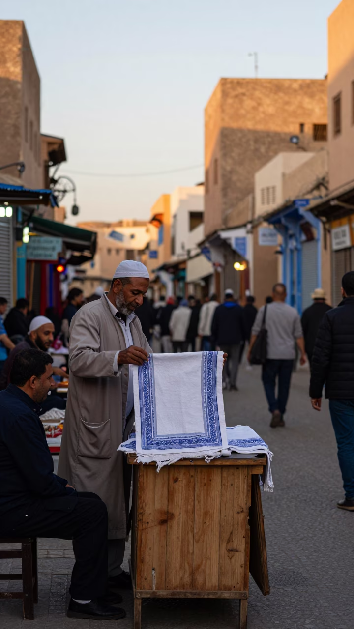 Busy Casablanca Street Scene Early Evening with Tea Towel and Local Commerce in in Casablanca, Morocco