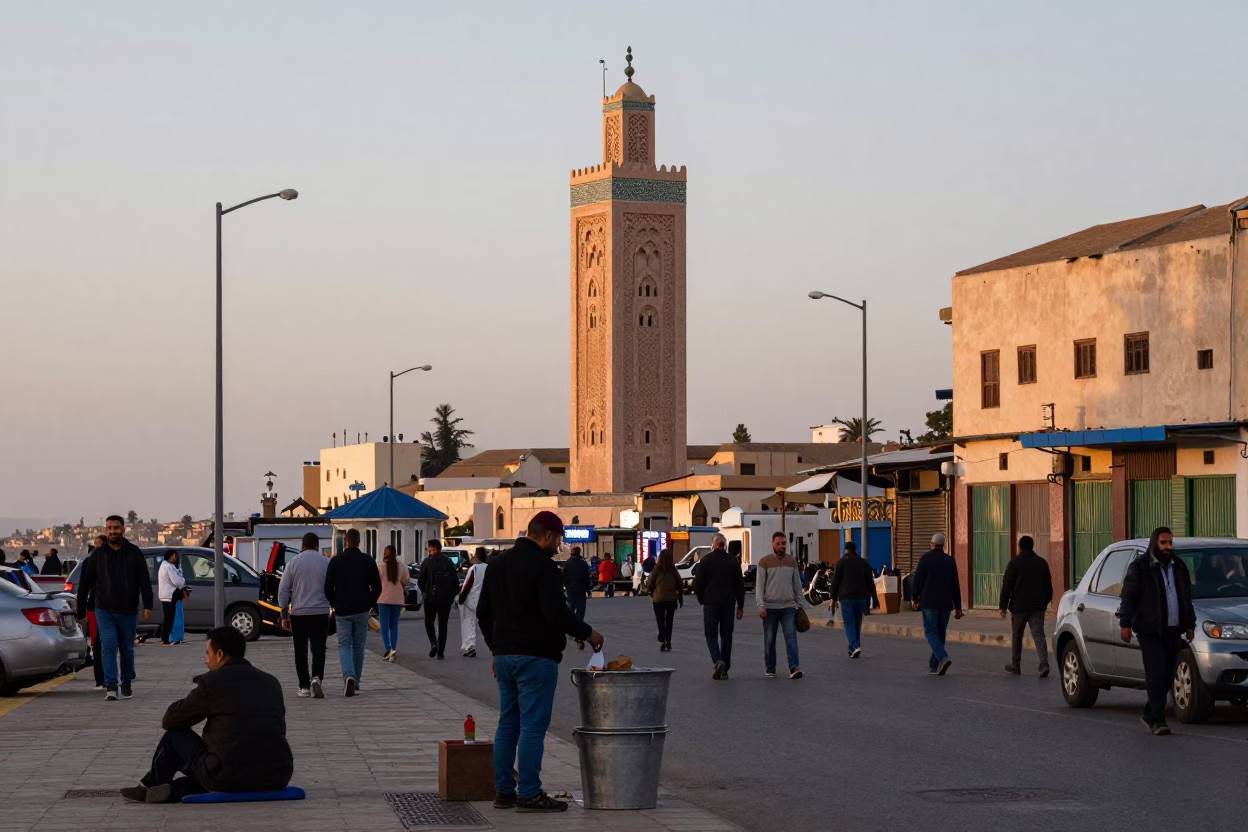 Busy Casablanca Street Scene Early Evening with Water Tower and Metal Bucket in in Casablanca, Morocco