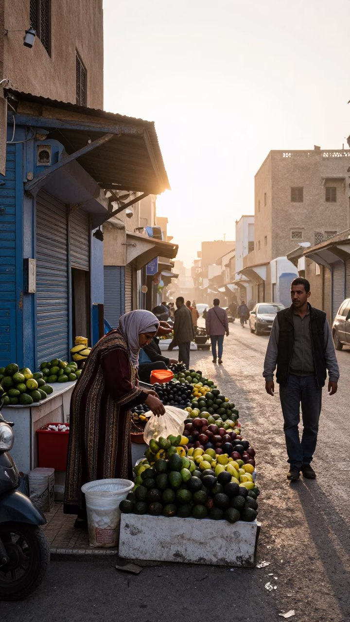 Busy Casablanca Street Scene Early Morning with Avocados and Local Market Activity in in Casablanca, Morocco