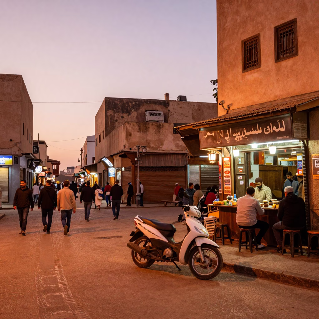 Busy Casablanca Street Scene in Copper Toned Dusk Light with Garden Hose and Motorcycle in in Casablanca, Morocco