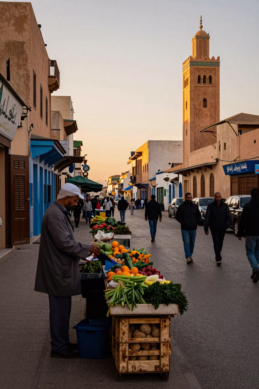 Busy Casablanca Street Scene in Honeyed Evening Light with Local Market Activity in in Casablanca, Morocco