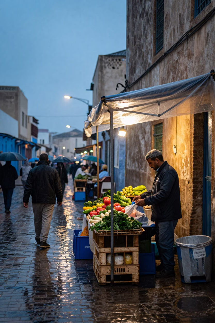 Busy Casablanca Street Scene in Light Rain at Dusk with Local Vendor in in Casablanca, Morocco
