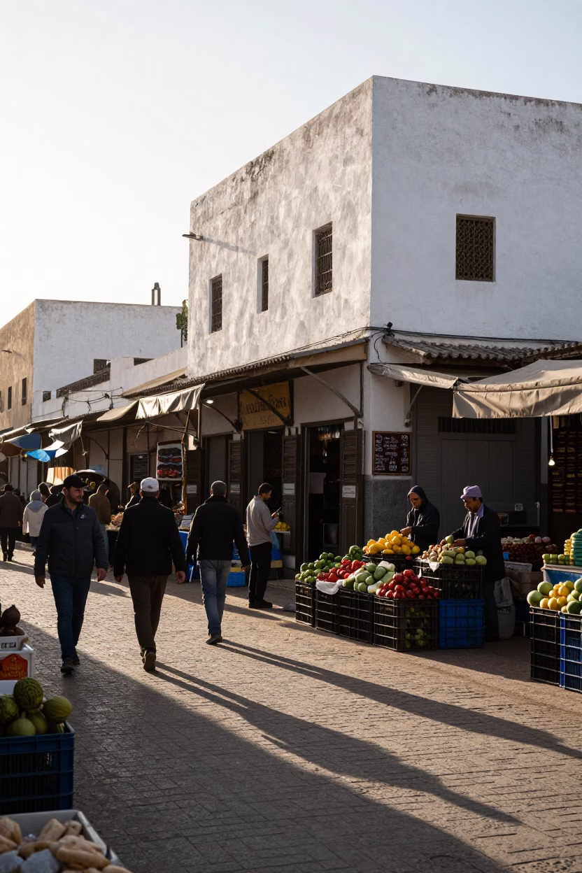 Busy Casablanca Street Scene Just After Sunrise with Local Market Activity in in Casablanca, Morocco