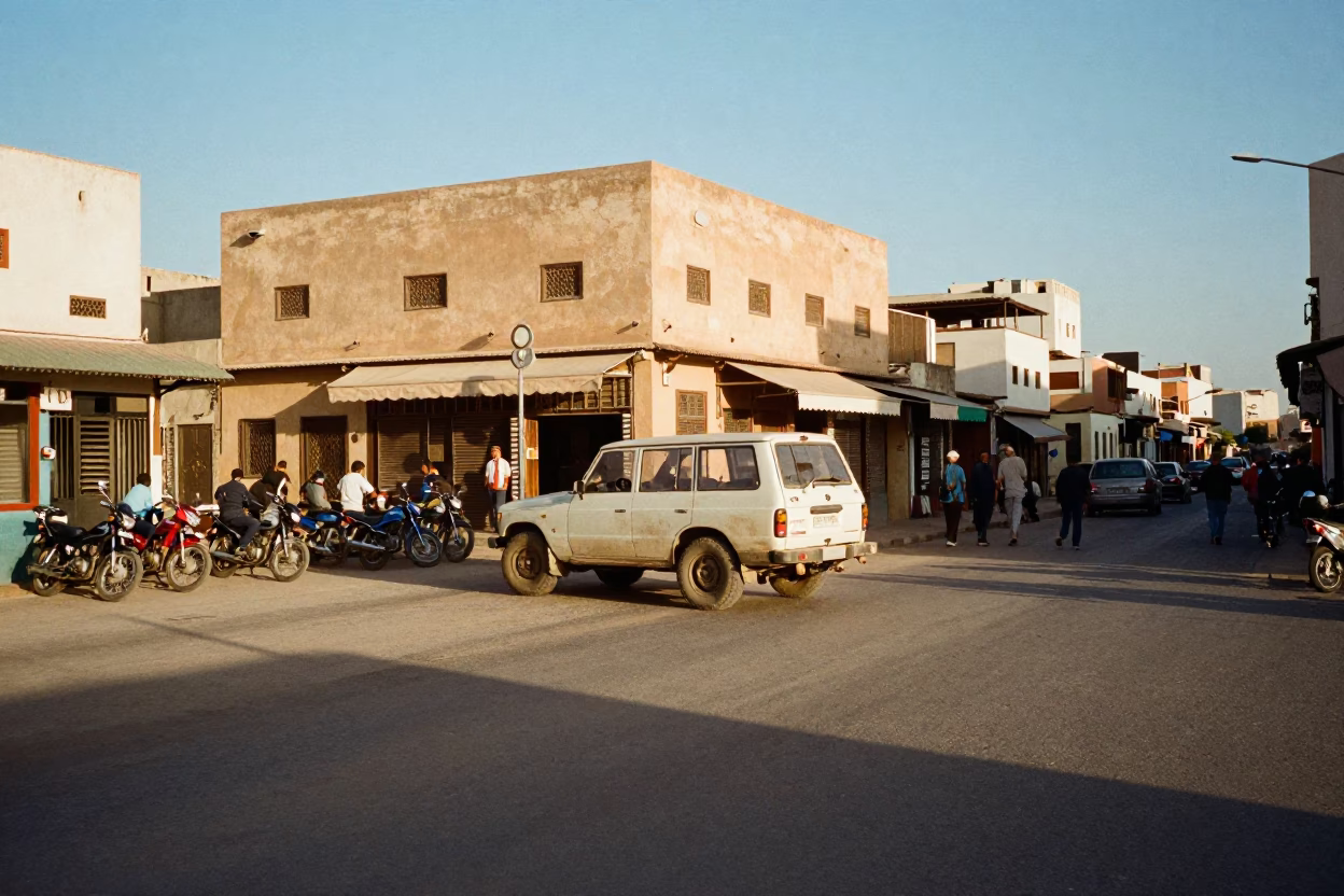 Busy Casablanca Street Scene Late Afternoon Light with Vintage Vehicles and Local Life in in Casablanca, Morocco