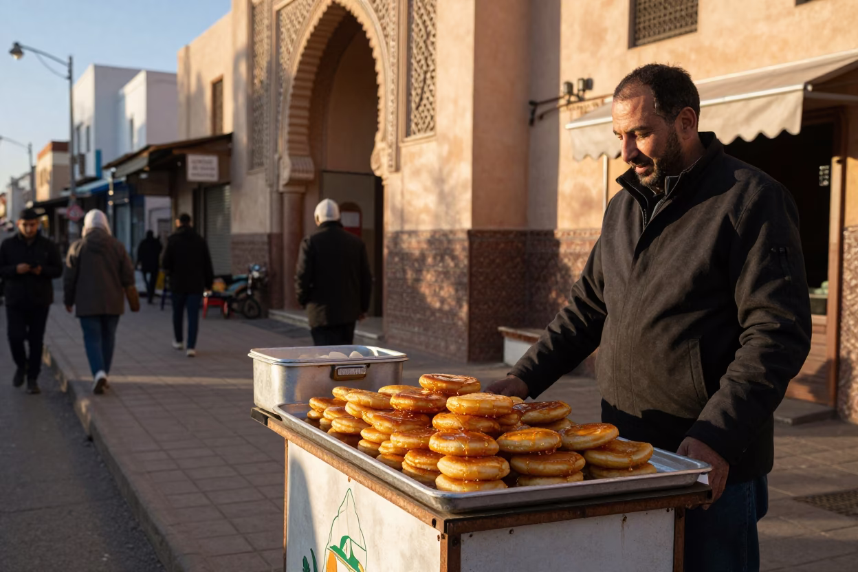 Busy Casablanca Street Scene Late Afternoon with Traditional Loukoumades Honey Sweets in in Casablanca, Morocco