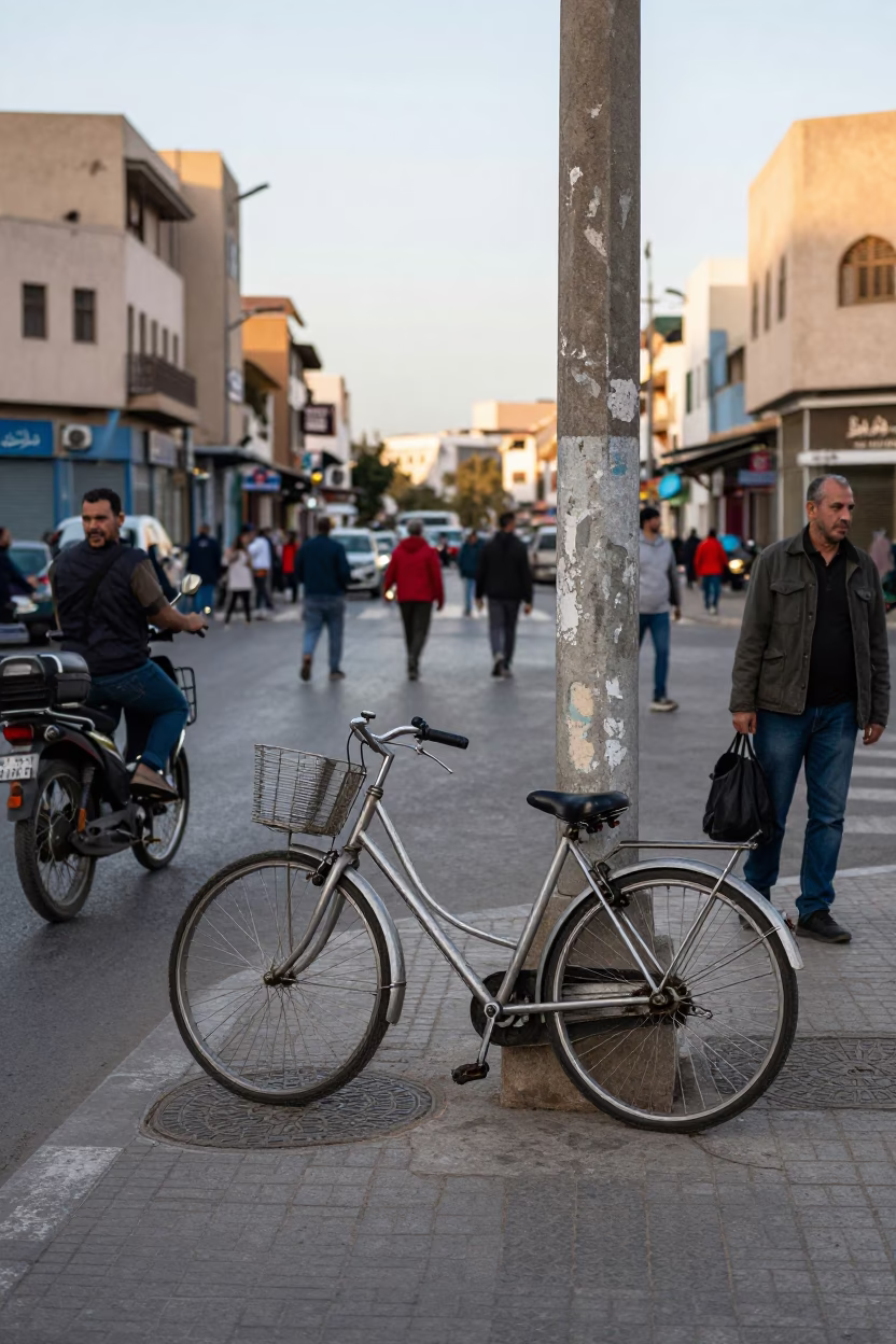 Busy Casablanca Street Scene Late Morning with Bicycle and Metro Train in in Casablanca, Morocco