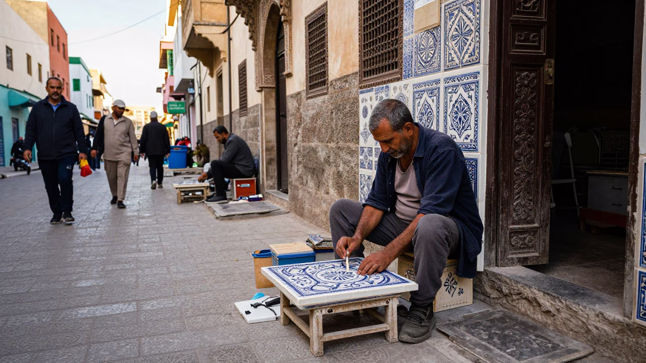 Busy Casablanca Street Scene Late Morning with Tile Maker and Ceramic Patterns in in Casablanca, Morocco