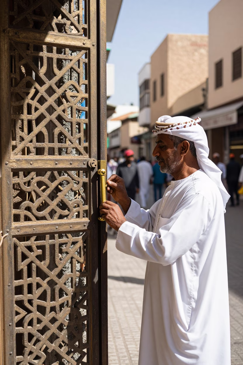 Busy Casablanca Street Scene Midday with Gate Handle and Local Interaction in in Casablanca, Morocco