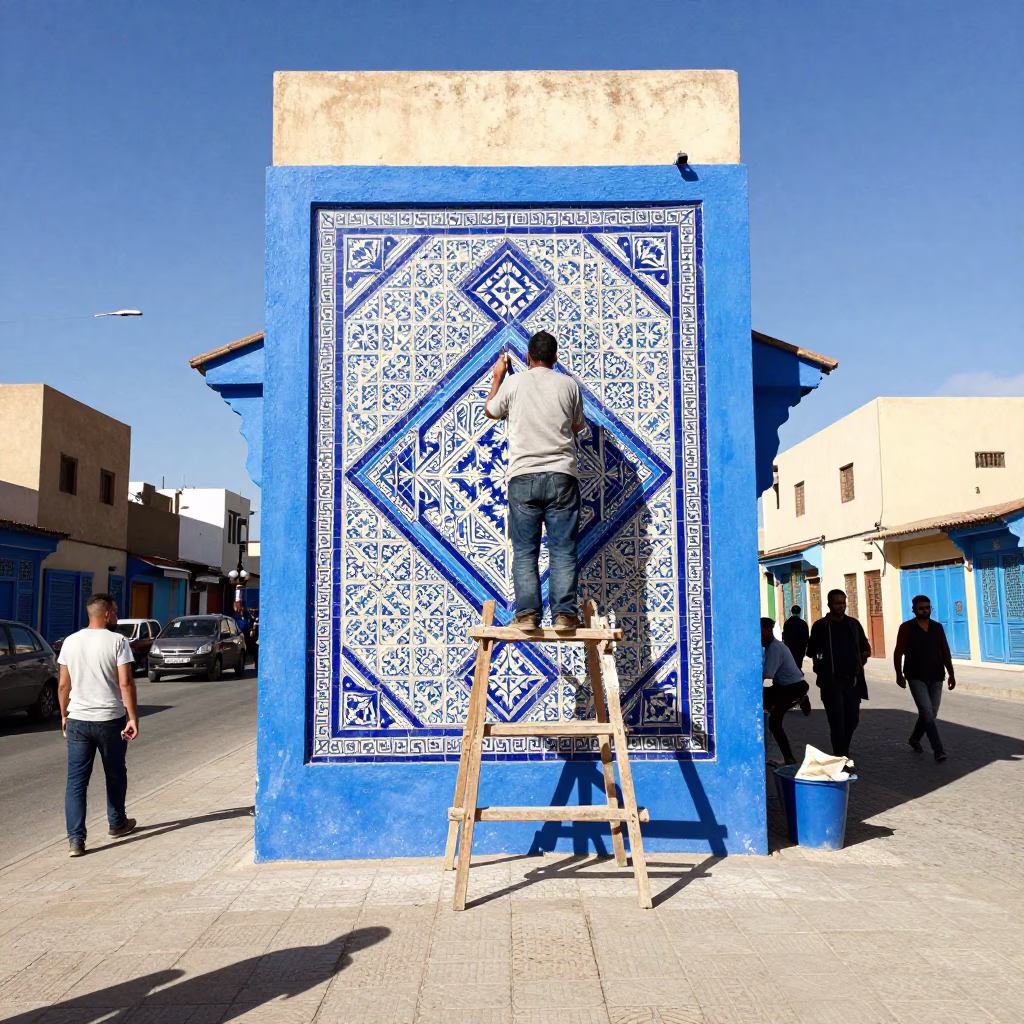Busy Casablanca Street Scene Under Noon Sun With Artist Painting Mural And Solar Panels in in Casablanca, Morocco