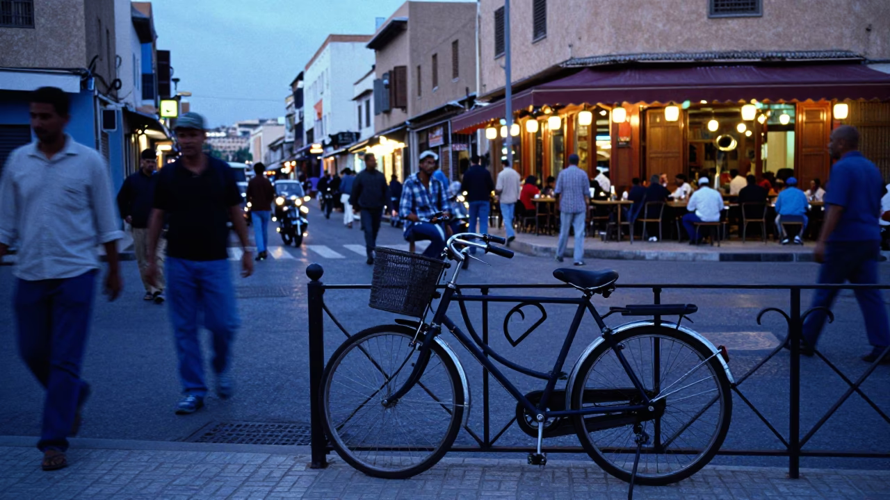 Busy Casablanca Street Scene with Bicycle and Brass Cafe Table in Evening Light in in Casablanca, Morocco