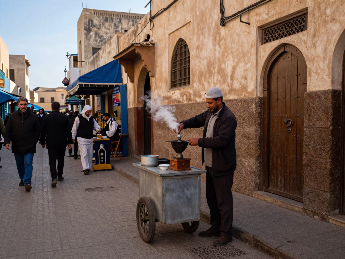 Busy Casablanca Street Scene with Coffee Grinder and Local Commerce in in Casablanca, Morocco