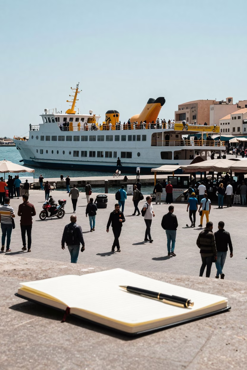 Busy Casablanca Street Scene with Ferry Dock and Notebook Under Noon Sun in in Casablanca, Morocco