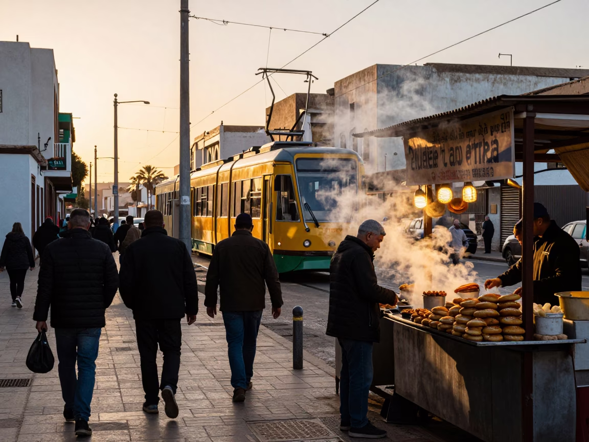 Busy Casablanca Street Scene with Funicular and Traditional Food Vendor in in Casablanca, Morocco
